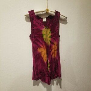 Asha Tank Top Women's Sleeveless Lightweight Embroidered Tie-Dye Purple One Size
